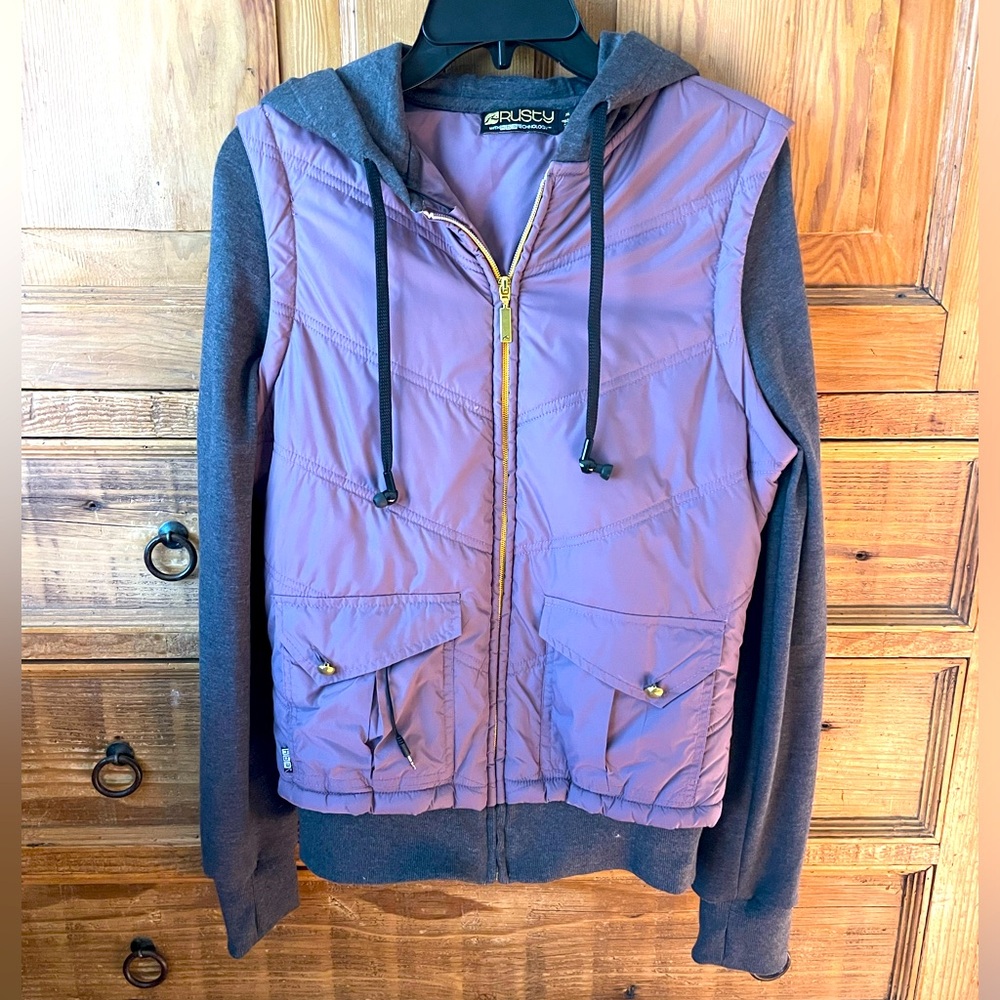 Rusty hoodie with attached puffer vest & built in earphone buds